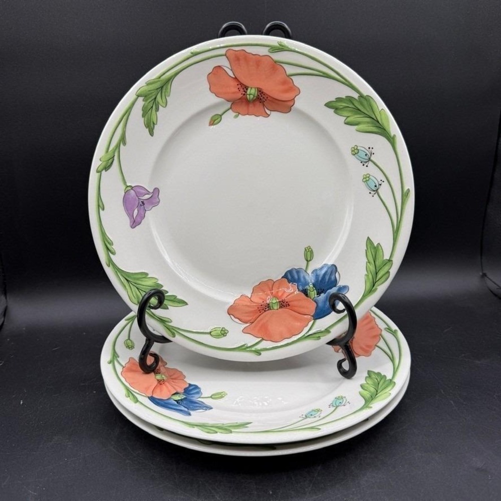 Villeroy & Boch AMAPOLA Poppies Dinner Plates 10.5" set of 3 Brown Backstamp